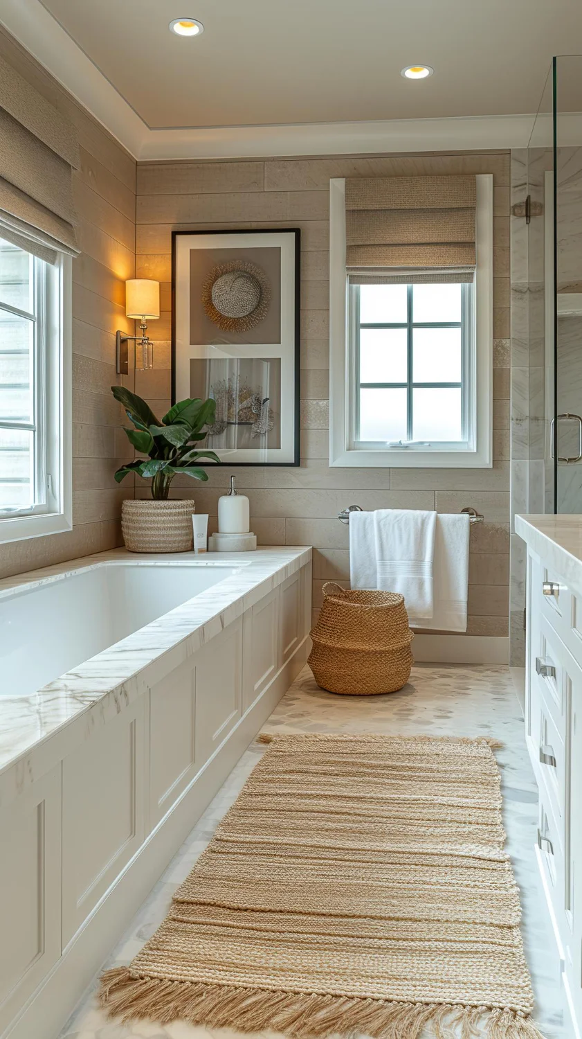 A tidy bathroom with a spacious tub and a large window, creating a refreshing and airy environment filled with sunlight