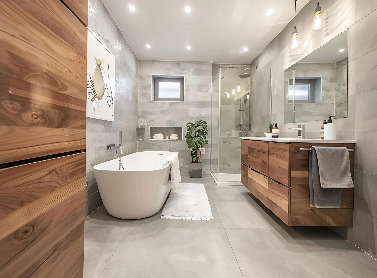 A contemporary bathroom featuring wooden accents and a stylish bathtub, creating a warm and inviting atmosphere